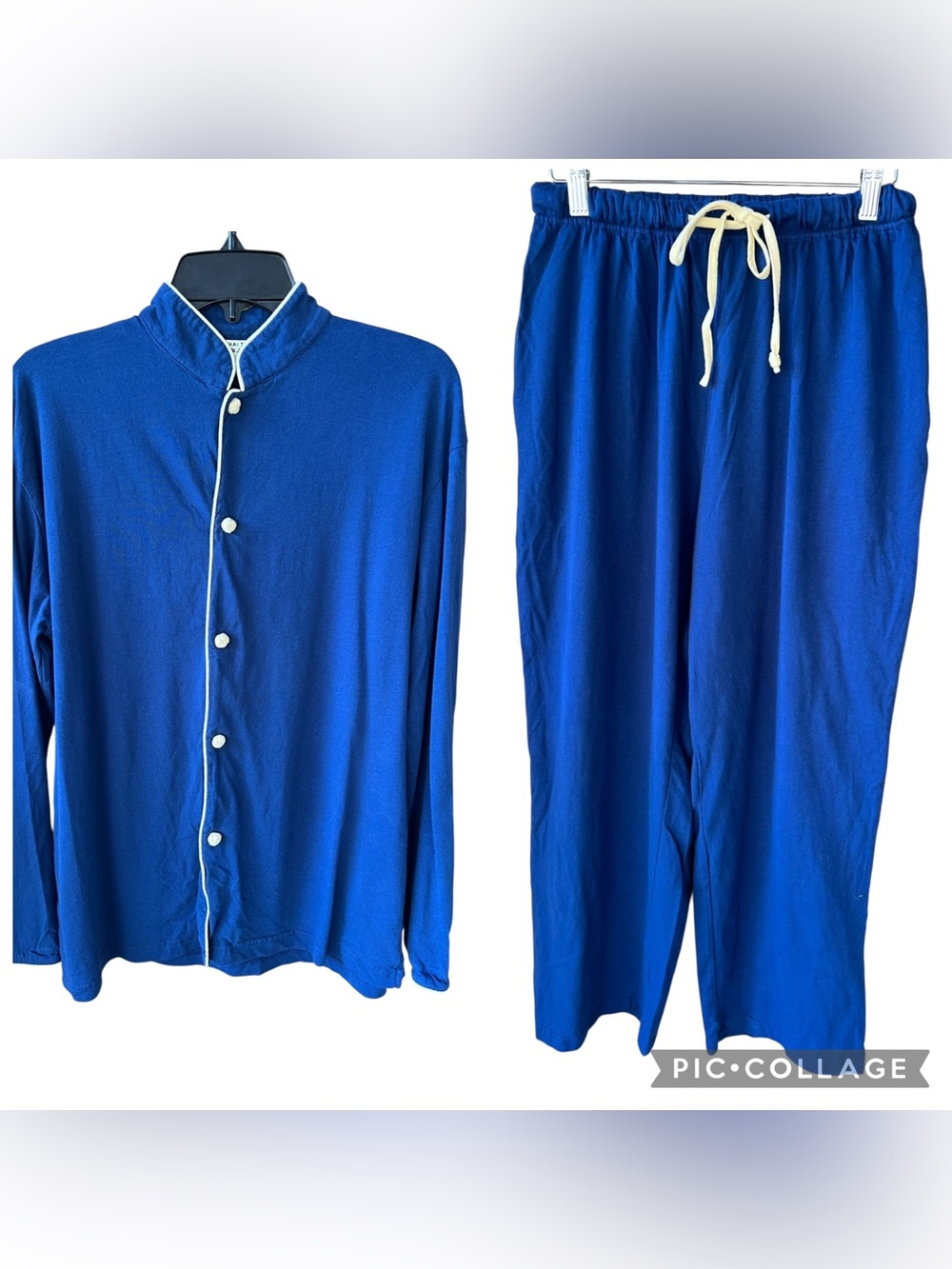 Shanghai Tang Men’s M Dark Blue Cream Trim Pajama Set Cotton